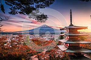 Mt. Fuji with Chureito Pagoda and red leaf in the autumn on suns