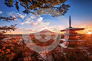 Mt. Fuji with Chureito Pagoda and red leaf in the autumn on sunset at Fujiyoshida, Japan