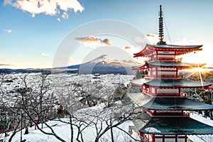 Mt. Fuji with Chureito Pagoda at sunrise in autumn, Fujiyoshida, Japan