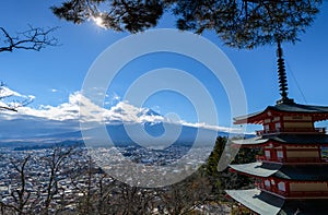 Mt. Fuji with Chureito Pagoda on winter season