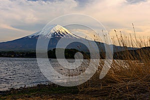 Mt. Fuji at dusk in Kawaguchiko lake