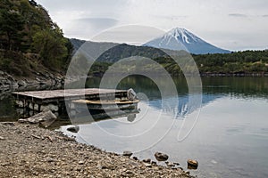 Mt.Fuji and floating boat on Lake Saiko in morning, Yamanashi