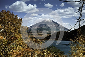 Mt. Fuji, Japan at Lake Motosu during autumn season at dawn