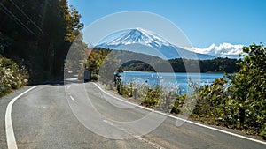 Mt Fuji in Japan and road at Lake Kawaguchiko