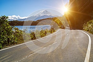 Mt Fuji in Japan and road at Lake Kawaguchiko