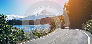 Mt Fuji in Japan and road at Lake Kawaguchiko