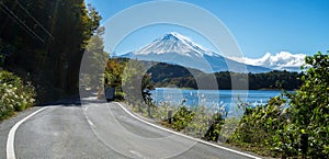 Mt Fuji in Japan and road at Lake Kawaguchiko