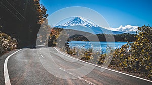 Mt Fuji in Japan and road at Lake Kawaguchiko