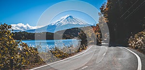 Mt Fuji in Japan and road at Lake Kawaguchiko