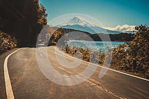 Mt Fuji in Japan and road at Lake Kawaguchiko