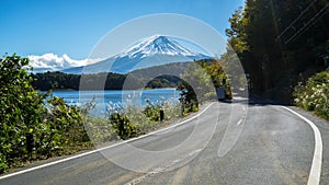 Mt Fuji in Japan and road at Lake Kawaguchiko