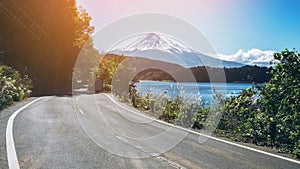 Mt Fuji in Japan and road at Lake Kawaguchiko