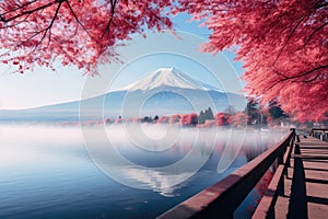 Mt Fuji at Kawaguchiko lake in Japan with red maple leaf. Colorful Autumn Season and Mount Fuji with morning fog and red leaves at