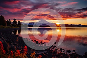 Mt Fuji at Kawaguchiko lake at sunset, Japan, Picturesque sunset over Tongariro river and lake Taupo, AI Generated