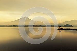 Mt. Fuji at Lake Kawaguchi during sunrise in Japan.