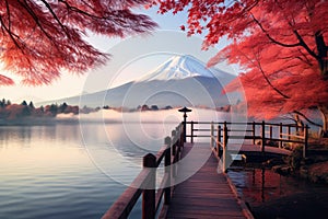 Mt Fuji and Lake Kawaguchiko in autumn, Japan, Colorful Autumn Season and Mount Fuji with morning fog and red leaves at lake