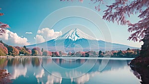 Mt. Fuji and lake Kawaguchiko, Japan. Beautiful Fuji mountain and lake landscape view with colorful tree leaves, AI Generated