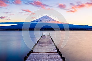 Mt. Fuji with a leading dock in Lake Kawaguchi, Japan