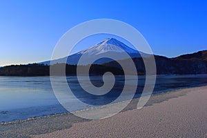 Mt. Fuji Midwinter on the Shore that freezes from Lake Kawaguchi Japan