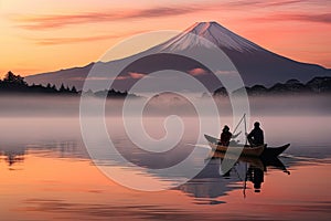 Mt Fuji in the morning at Kawaguchiko lake, Japan, Mt. Fuji or Fujisan with Silhouette three fishing people on boats and mist at