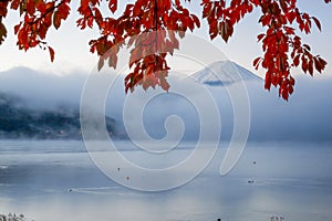 Mt. Fuji over Lake Kawaguchi, Japan with Fog Rolling In