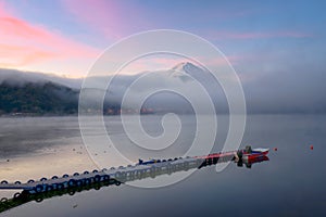 Mt. Fuji over Lake Kawaguchi, Japan with Fog Rolling In