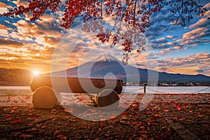 Mt. Fuji over Lake Kawaguchiko with autumn foliage at sunrise in Fujikawaguchiko, Japan