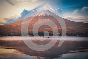 Mt. Fuji over Lake Kawaguchiko at sunset in Fujikawaguchiko, Japan