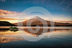 Mt. Fuji over Lake Kawaguchiko at sunset in Fujikawaguchiko, Japan