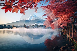 Mt Fuji with red maple leaf at Kawaguchiko lake in Japan, Colorful Autumn Season and Mount Fuji with morning fog and red leaves at