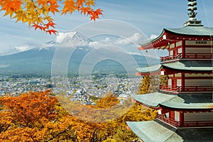 Mt. Fuji and red pagoda with autumn colors in Japan, Japan aut