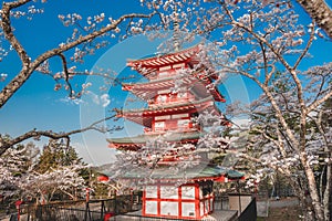 Mt. Fuji with red pagoda in autumn, Fujiyoshida, Japan