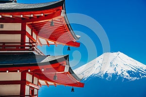 Mt. Fuji with red pagoda in autumn, Fujiyoshida, Japan