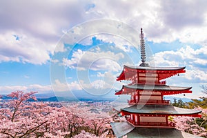 Mt Fuji with red pagoda in cherry blossom sakura in spring season.