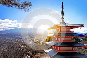 Mt. Fuji with red pagoda in winter, Fujiyoshida, Japan