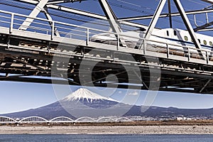 Mt.Fuji and the river and the Shinkansen are running