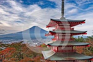 Mt. Fuji without snowcap with Chureito Pagoda on foreground at daytime in summer