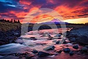 Mt.Fuji and the stream at sunset, Japan, Picturesque sunset over Tongariro river and lake Taupo, AI Generated