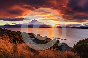 Mt. Fuji at sunset in Lake Kawaguchiko, Japan, Picturesque sunset over Tongariro river, AI Generated