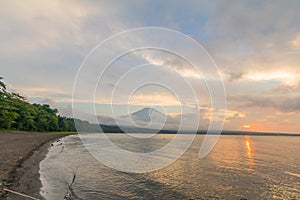 Mt. Fuji and sunset with sun rays at Lake Kawaguchiko, the most famous place in Japan to traveling in Yamanashi Prefecture, Japan