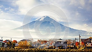 Mt. Fuji view from kawaguchi-ko lake village in autumn season, J