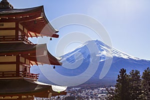 Mt. Fuji viewed from behind Chureito Pagoda.