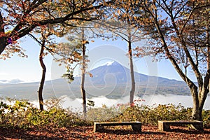 Mt. Fuji viewed from behind Chureito Pagoda.