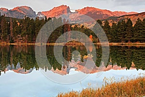 Mt. Hallet reflecred in Sprague Lake at Rocky Mountain N.P.