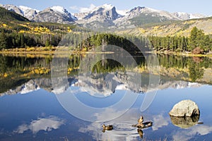 Mt. Hallet reflecting in Sprague Lake at Rocky Mountain National