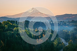 Mt Hood on a hazy autumn morning from the air above the Hood River