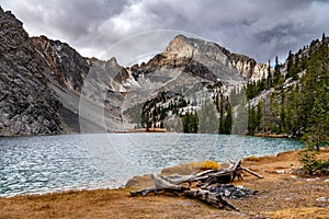 Mt. Idaho and lake with a fire pit in the Idaho wilderness