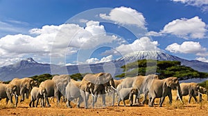 Mt Kilimanjaro Elephant Herd Tanzania Kenya Africa