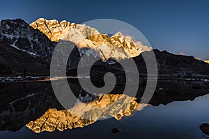 Mt LMt Lothse and Nuptse sunset with lake mirror Himalaya