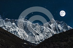 Mt Lothse and Nuptse Himalaya night with moon